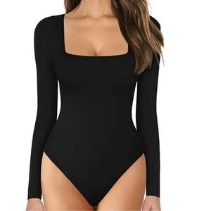 MANGOPOP Square Neck Long Sleeve Tops Bodysuit NWT XS Black Stretch Miminalist